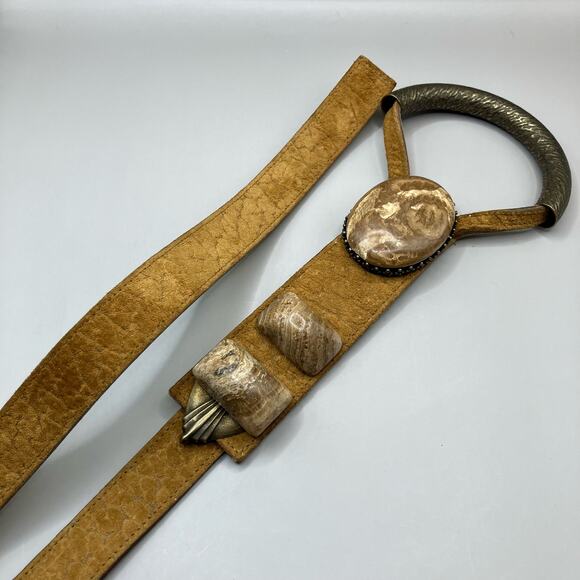Women’s Belt Leather Stones Metal Artisan Unique Tan Velcro Adjustable 41” - Picture 3 of 9